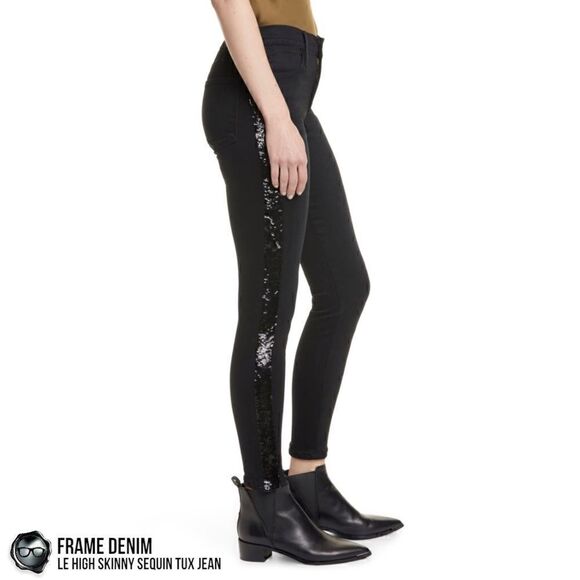 FRAME DENIM LE HIGH SKINNY SEQUIN TUX STRIPE JEAN NOIR BLACK WOMEN’S SIZE 27 NWT - Picture 4 of 16
